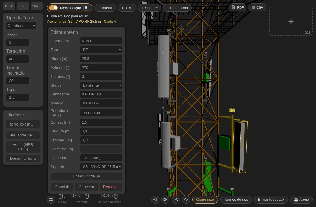Modo edição ligado com o editor de uma antena RF da OI aberto ao lado da torre