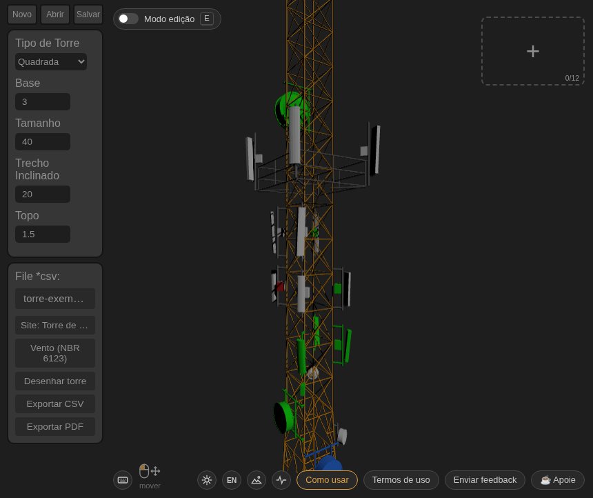 O Threlica com a torre de exemplo desenhada: torre quadrada de 40 m com antenas RF, MW, RRUs e uma plataforma a 30 m